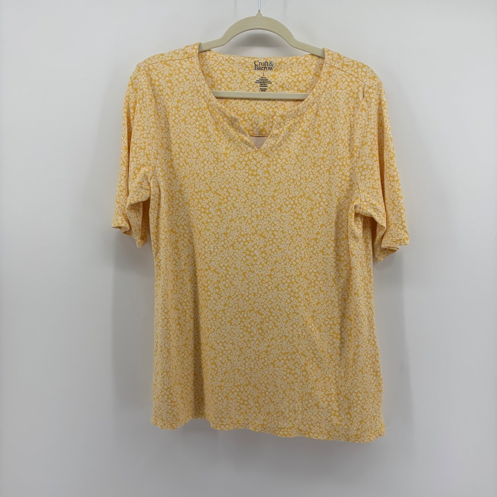 Croft & Barrow Womens Large Yellow Floral Short Sleeve Split Neck Cotton Tee